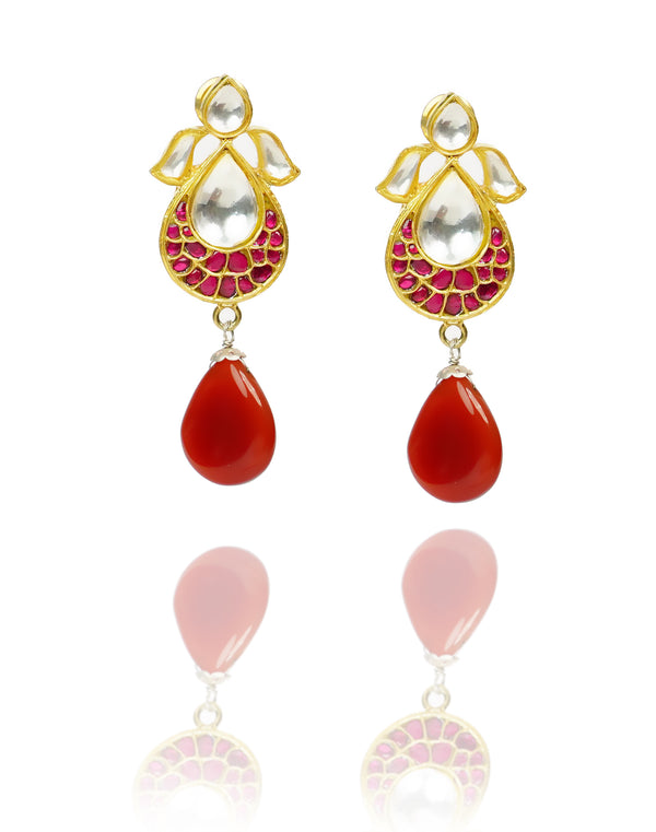 925 Silver Gold Plated Silver and Red Kunan Earrings with Drop