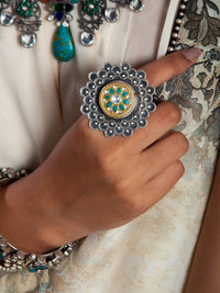 Silver Fusion Kundan Adjustable Ring view 2