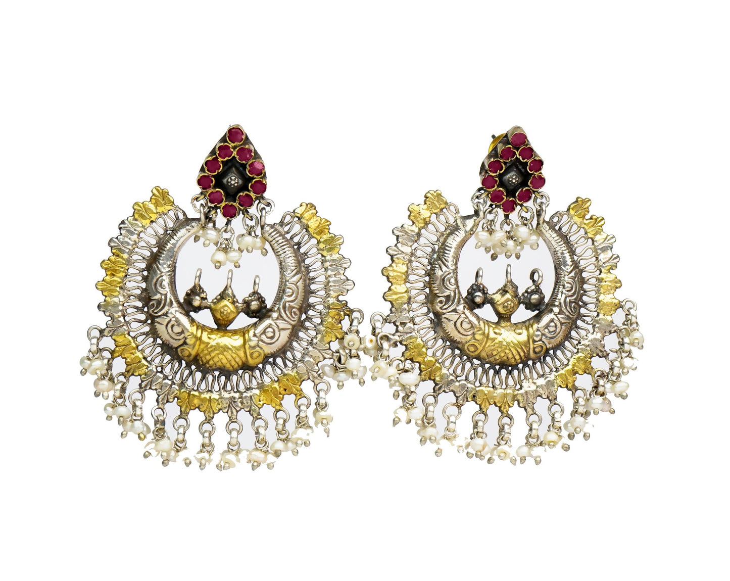 Silver Statement Two-Tone Chandbali with Ruby - Neeta Boochra Jewellery