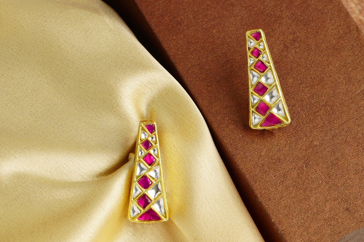 925 Silver Gold Plated White and Red Kundan Trapezium Studs view 3