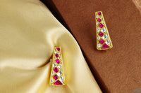 925 Silver Gold Plated White and Red Kundan Trapezium Studs view 3