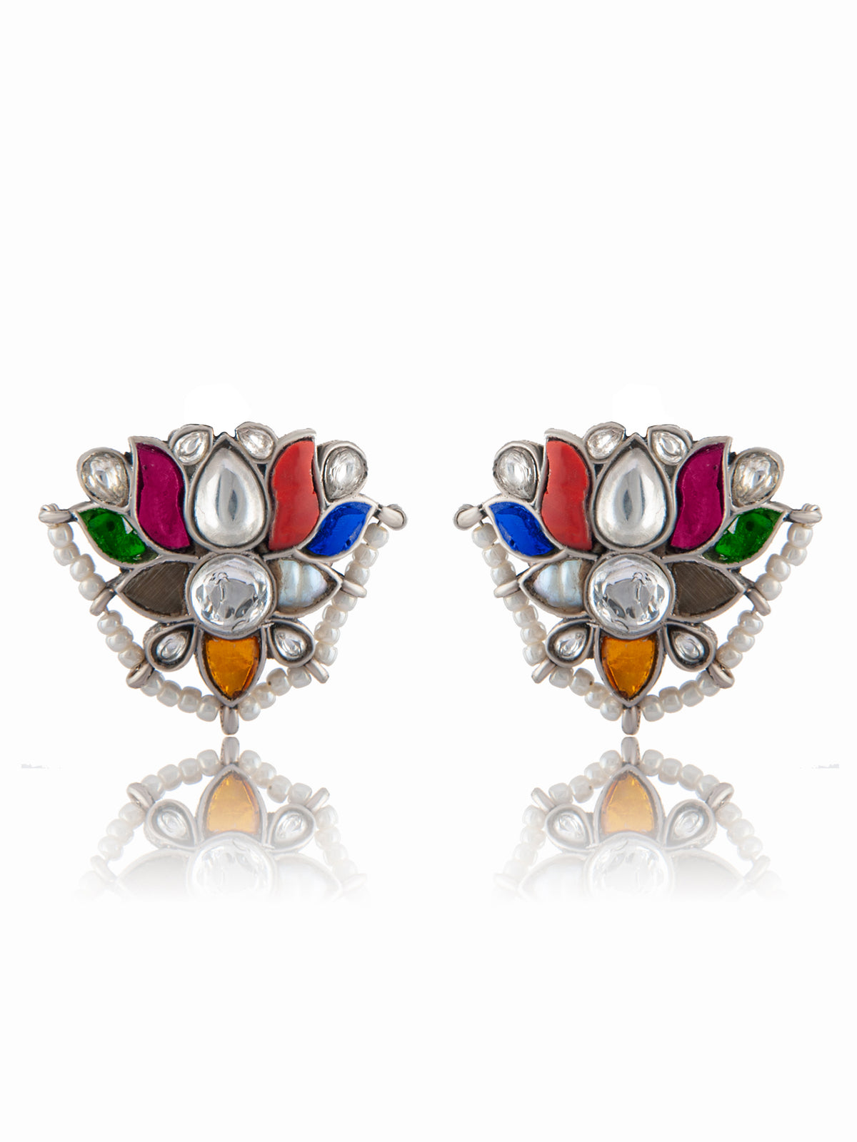 925 Sterling Silver Navratan Kundan Stud Earrings view 3
