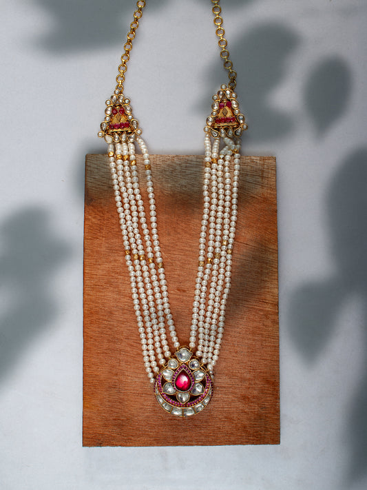 925 Sterling Silver 22K Gold Plated Pearl Beaded Chaandbali Necklace With White and Red Kundan