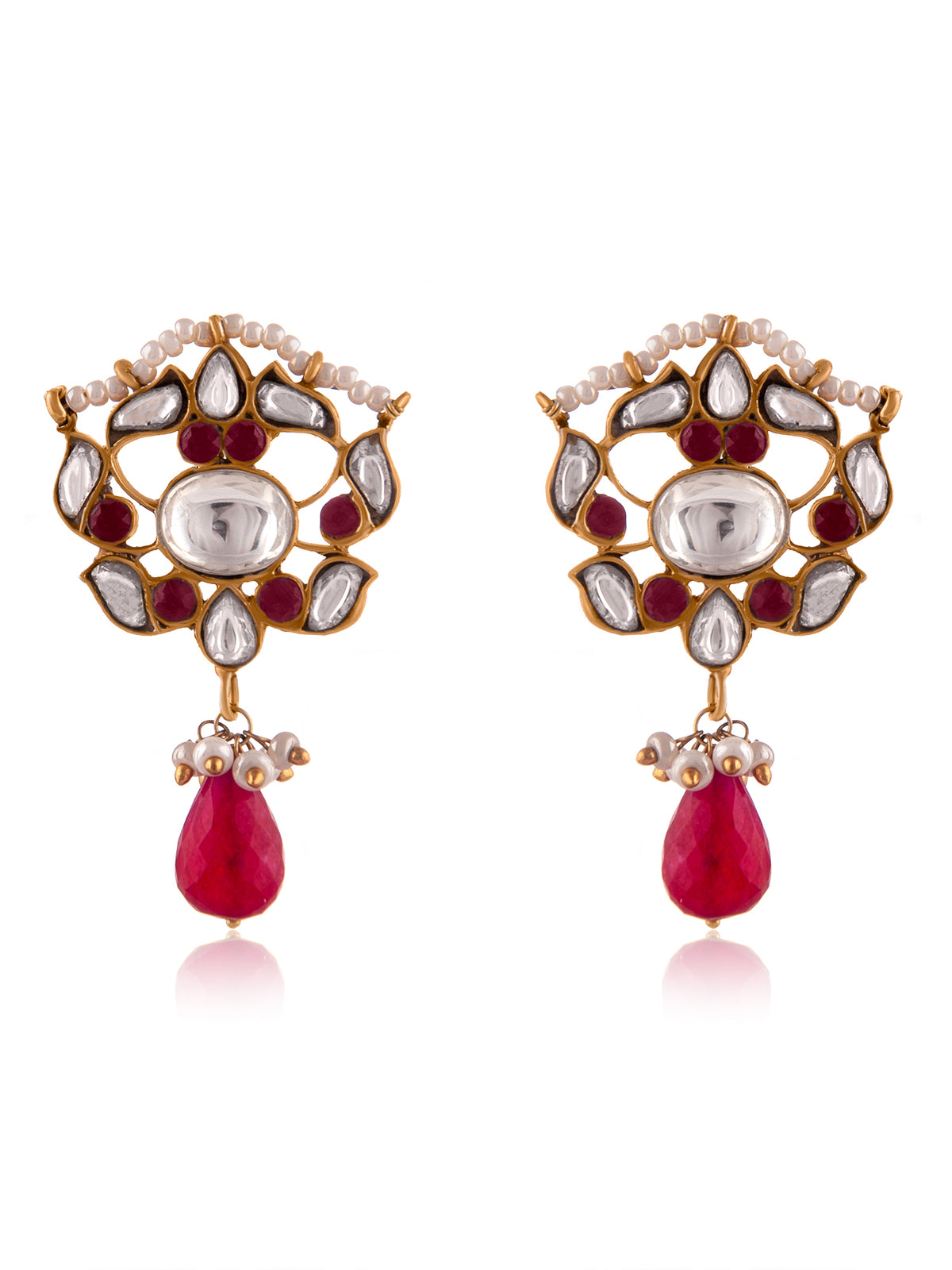 Silver Ruby Kundan Earrings with Drop view 3