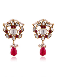 Silver Ruby Kundan Earrings with Drop view 3