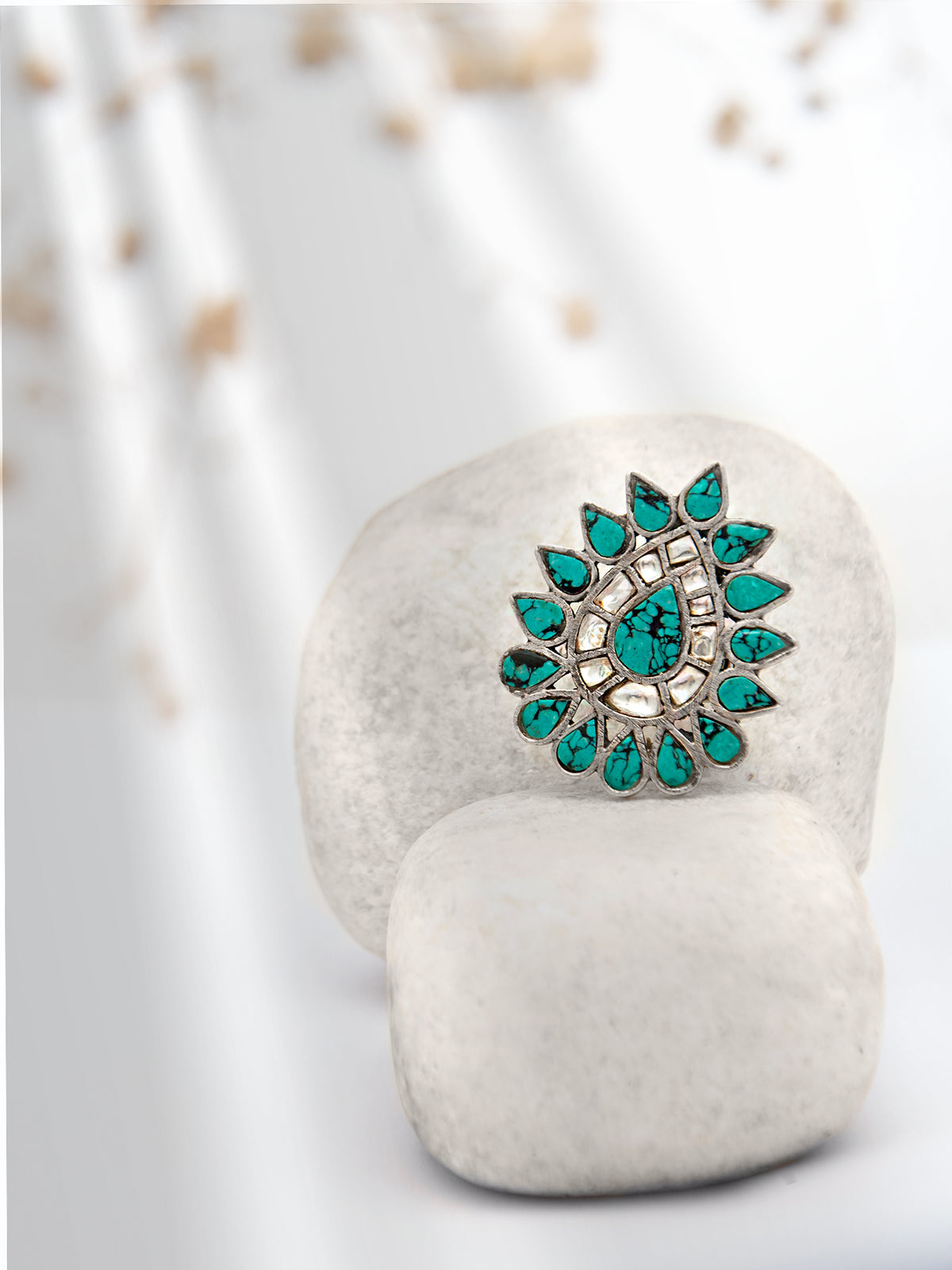 Silver Turquoise Kundan Adjustable Ring view 1