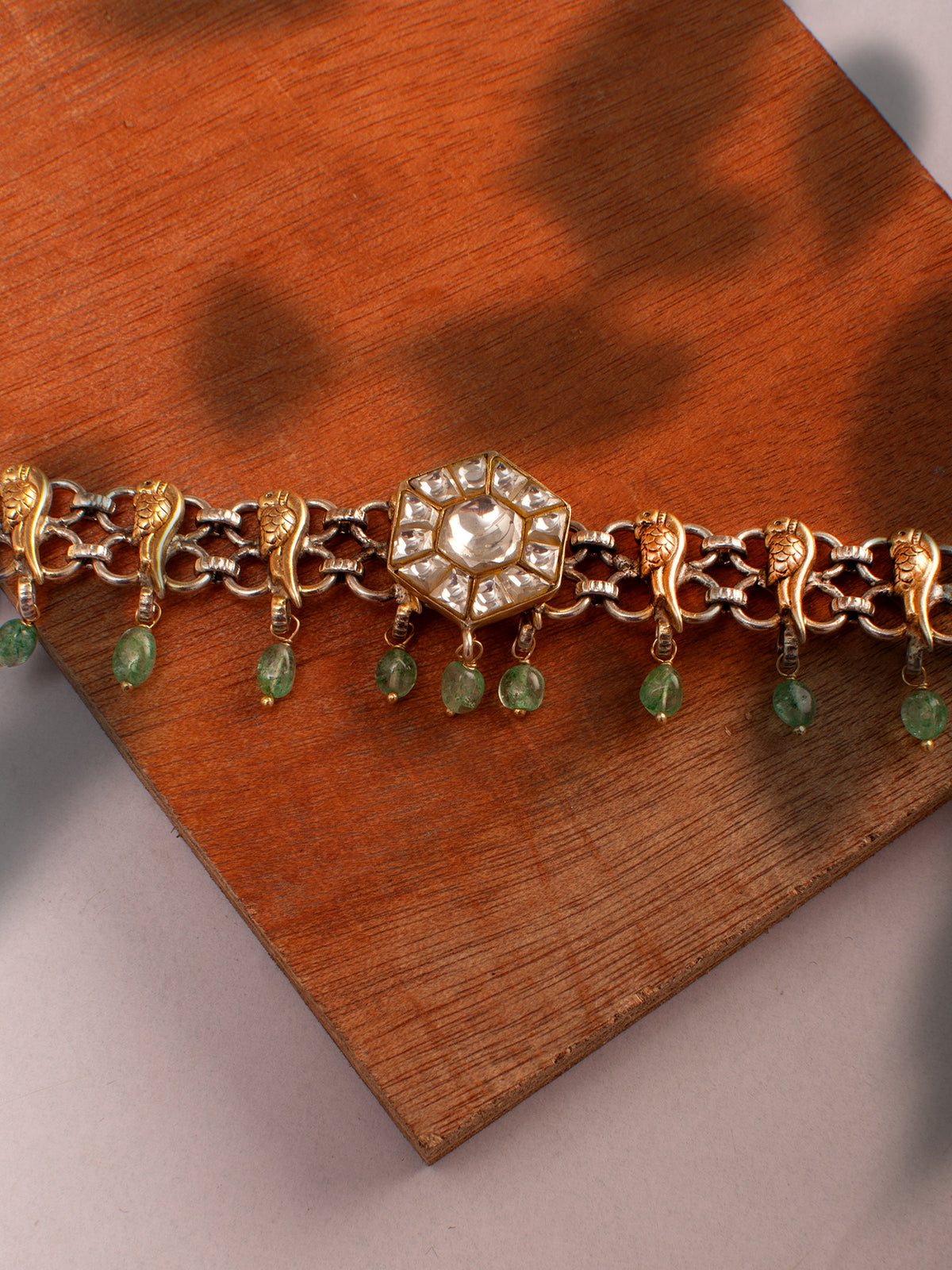 925 Sterling Silver Two Tone 22K Gold Plated Necklace With Strawberry Quartz and White Kundan view 2