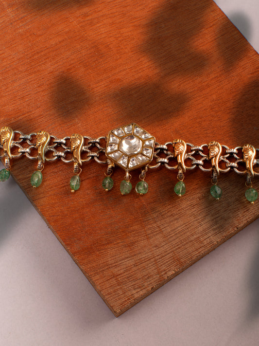 925 Sterling Silver Two Tone 22K Gold Plated Necklace With Strawberry Quartz and White Kundan