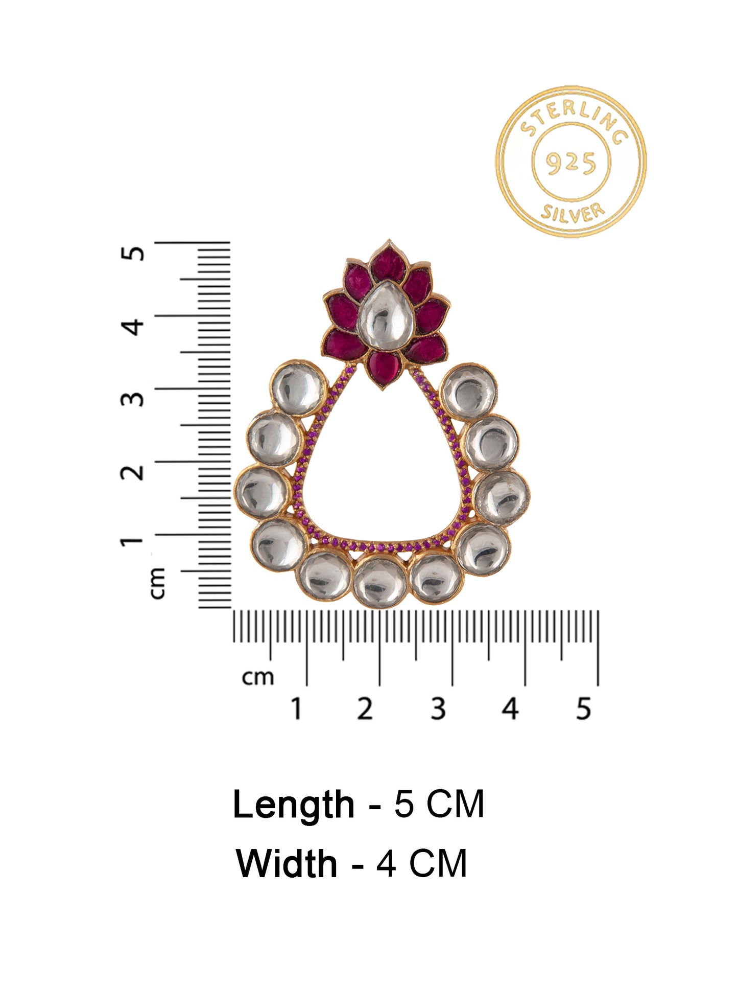925 Sterling Silver White and Red Kundan Floral Earrings