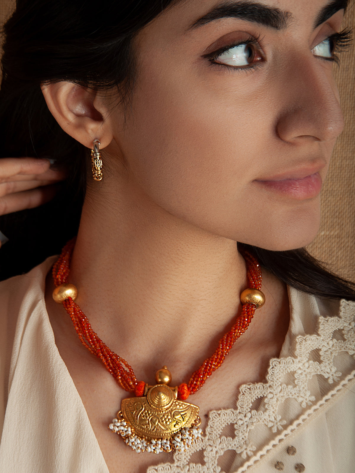 925 Sterling Silver 22K Gold Plated Necklace With Carnelian Beads and Pearl view 1