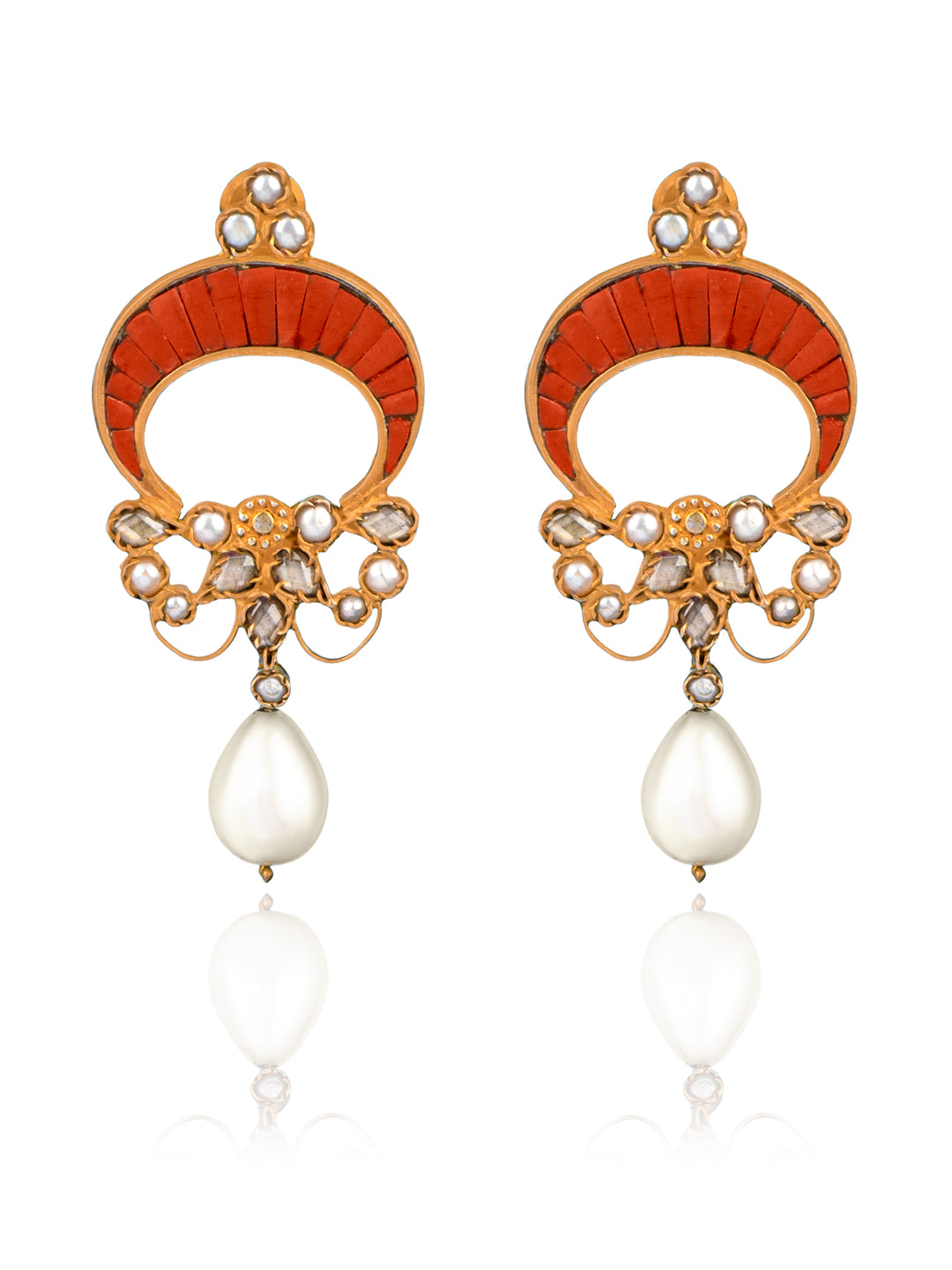 925 Sterling Silver Gold Plated Fusion Chaandbali with Red Corals and Pearl view 1