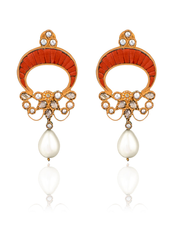 925 Sterling Silver Gold Plated Fusion Chaandbali with Red Corals and Pearl