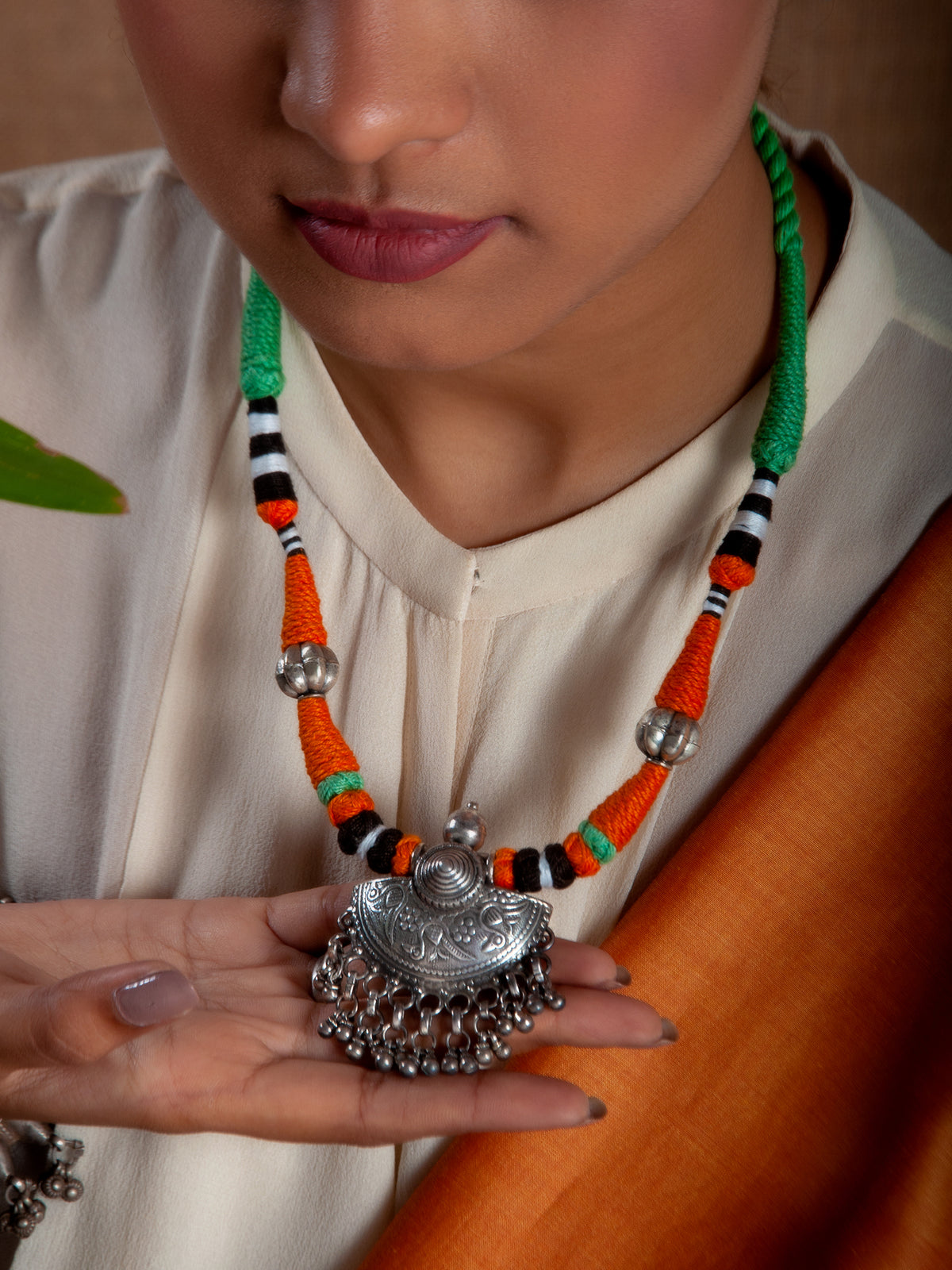 Silver Orange Green Necklace with Ghungroo view 3