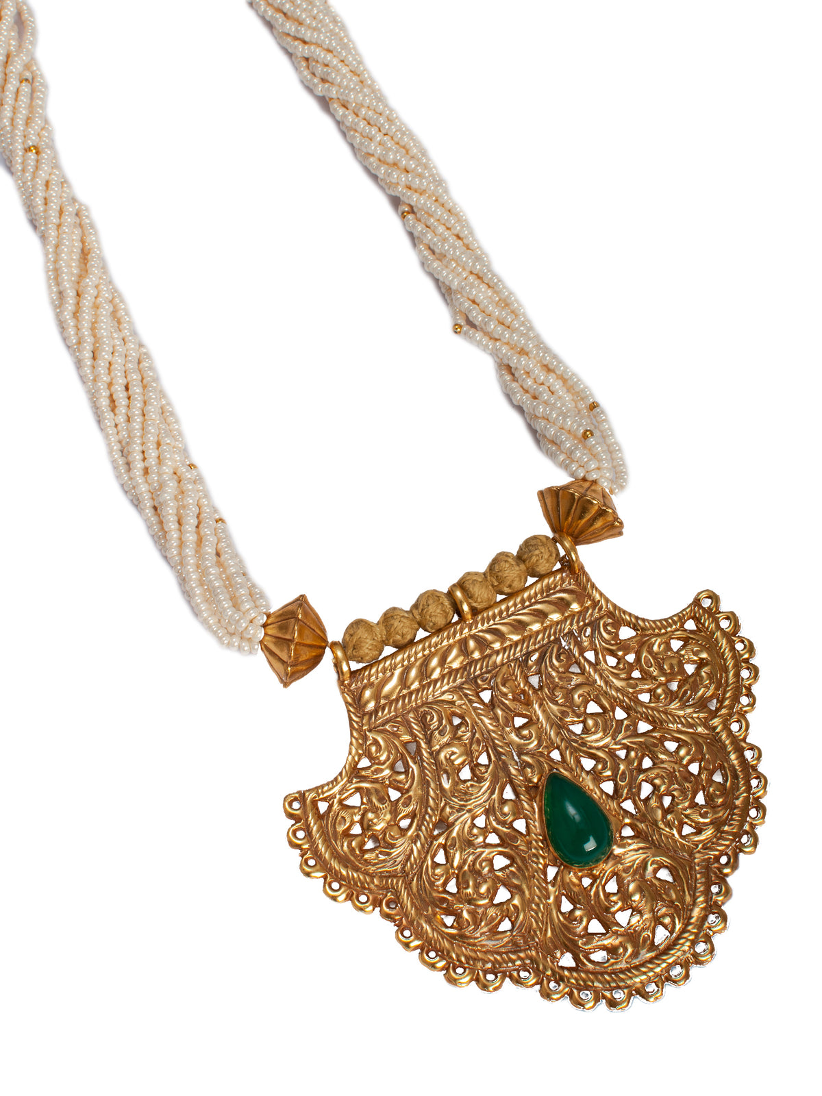 925 Sterling Silver 22K Gold Plated Pearl Beaded Necklace With Green Onyx Gemstone view 4