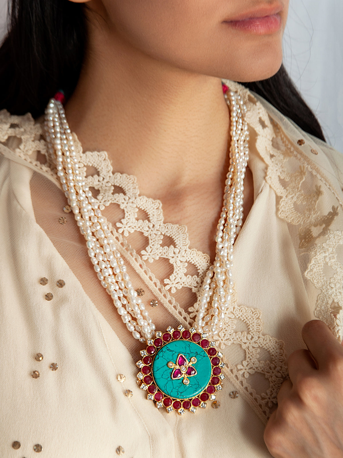 925 Sterling Silver 22K Gold Plated Pearl Beaded Necklace With Turquoise, Ruby Gemstone view 1