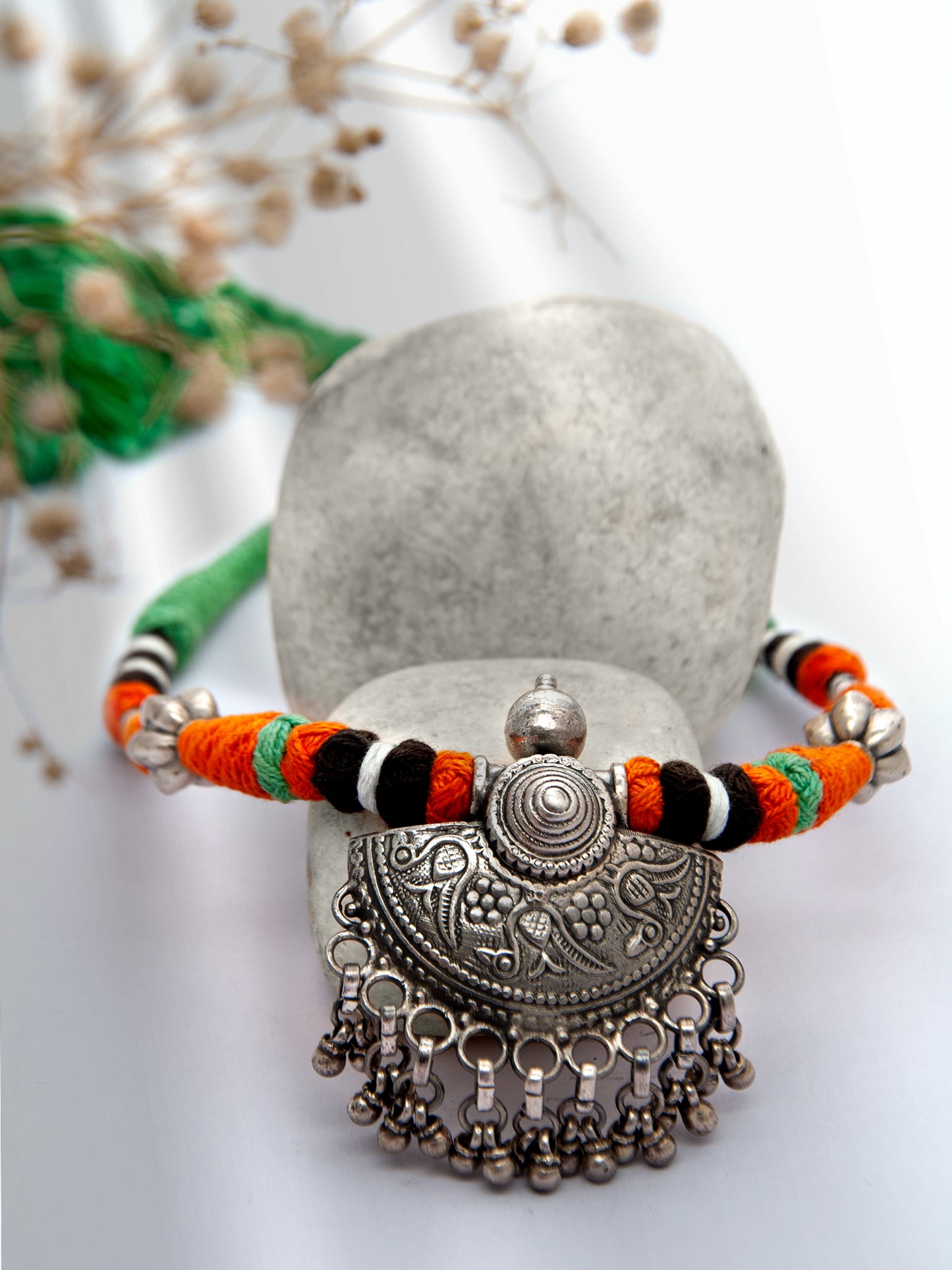 Silver Orange Green Necklace with Ghungroo