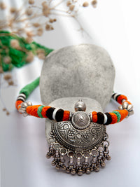 Silver Orange Green Necklace with Ghungroo view 1