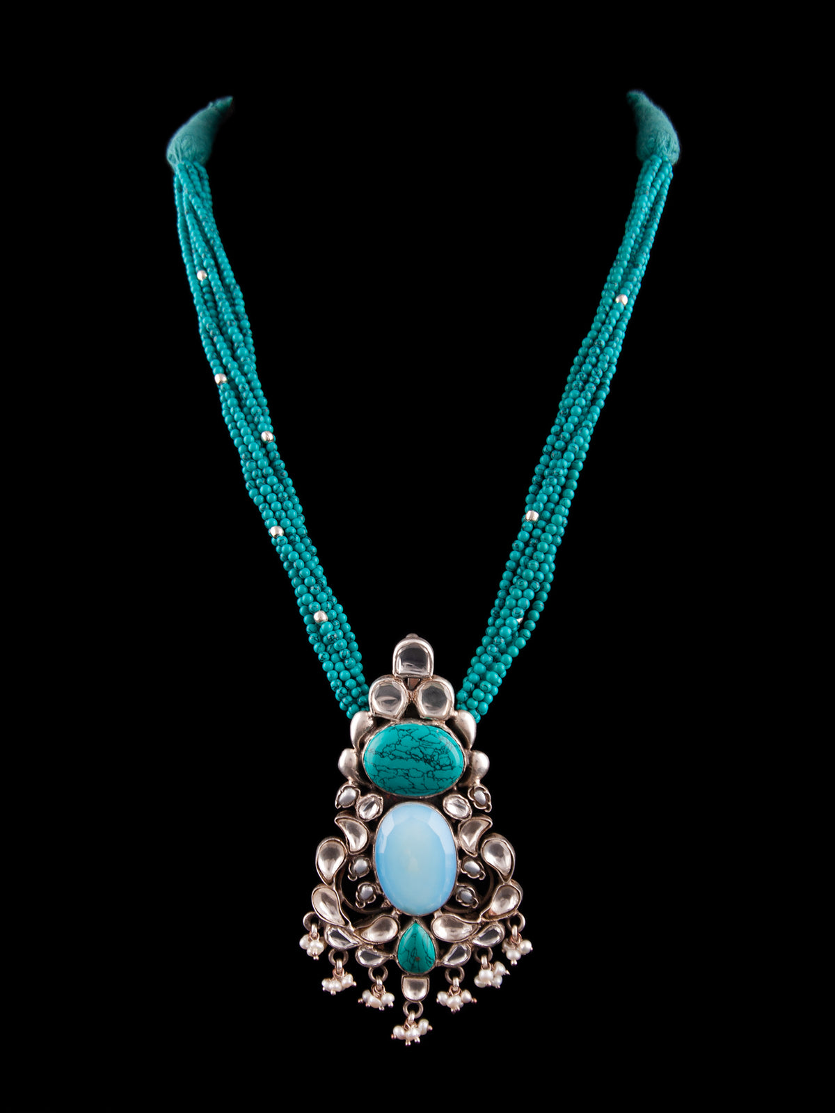 Silver Statement Turquoise Kundan Beaded Necklace view 3