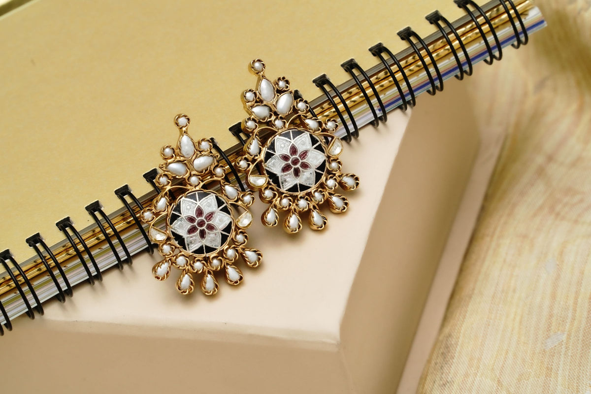 925 Silver Gold Plated Meenakari Earrings with Pearls view 1