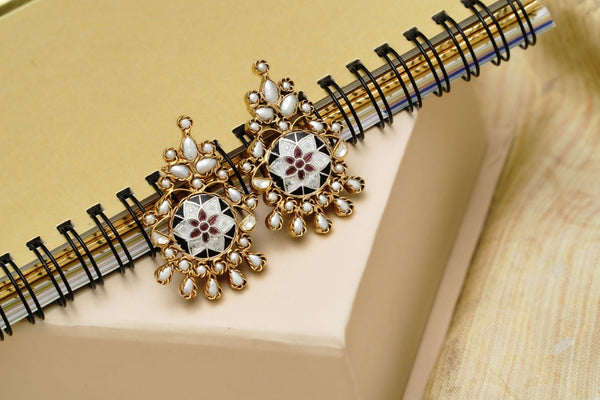 925 Silver Gold Plated Meenakari Earrings with Pearls