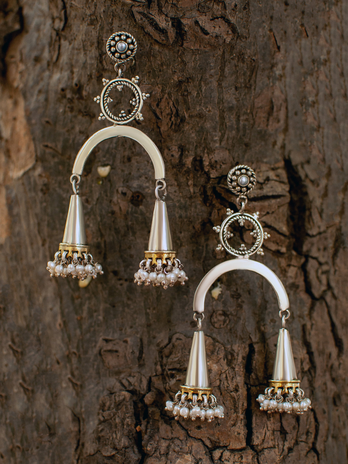 925 Sterling Silver Two Tone Fusion Jhumki Statement Earrings with Pearl view 2