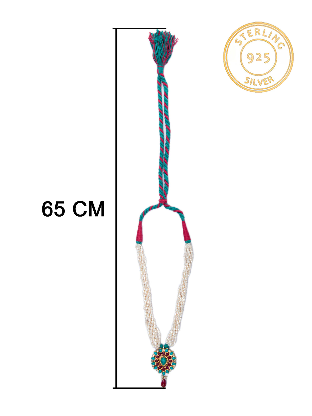 925 Sterling Silver 22K Gold Plated Pearl Beaded Necklace With  Turquoise and Ruby Gemstone view 4