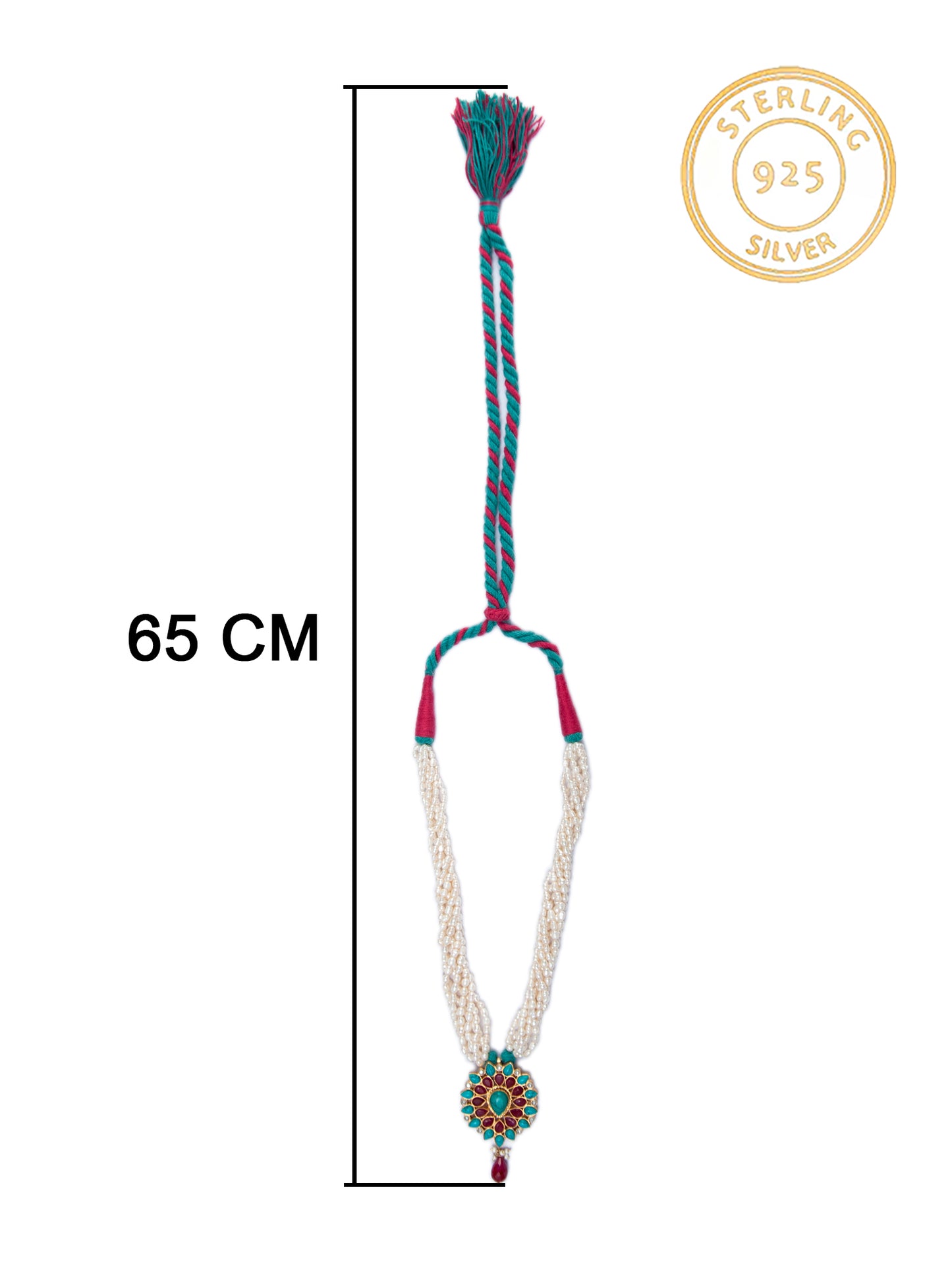 925 Sterling Silver 22K Gold Plated Pearl Beaded Necklace With  Turquoise and Ruby Gemstone