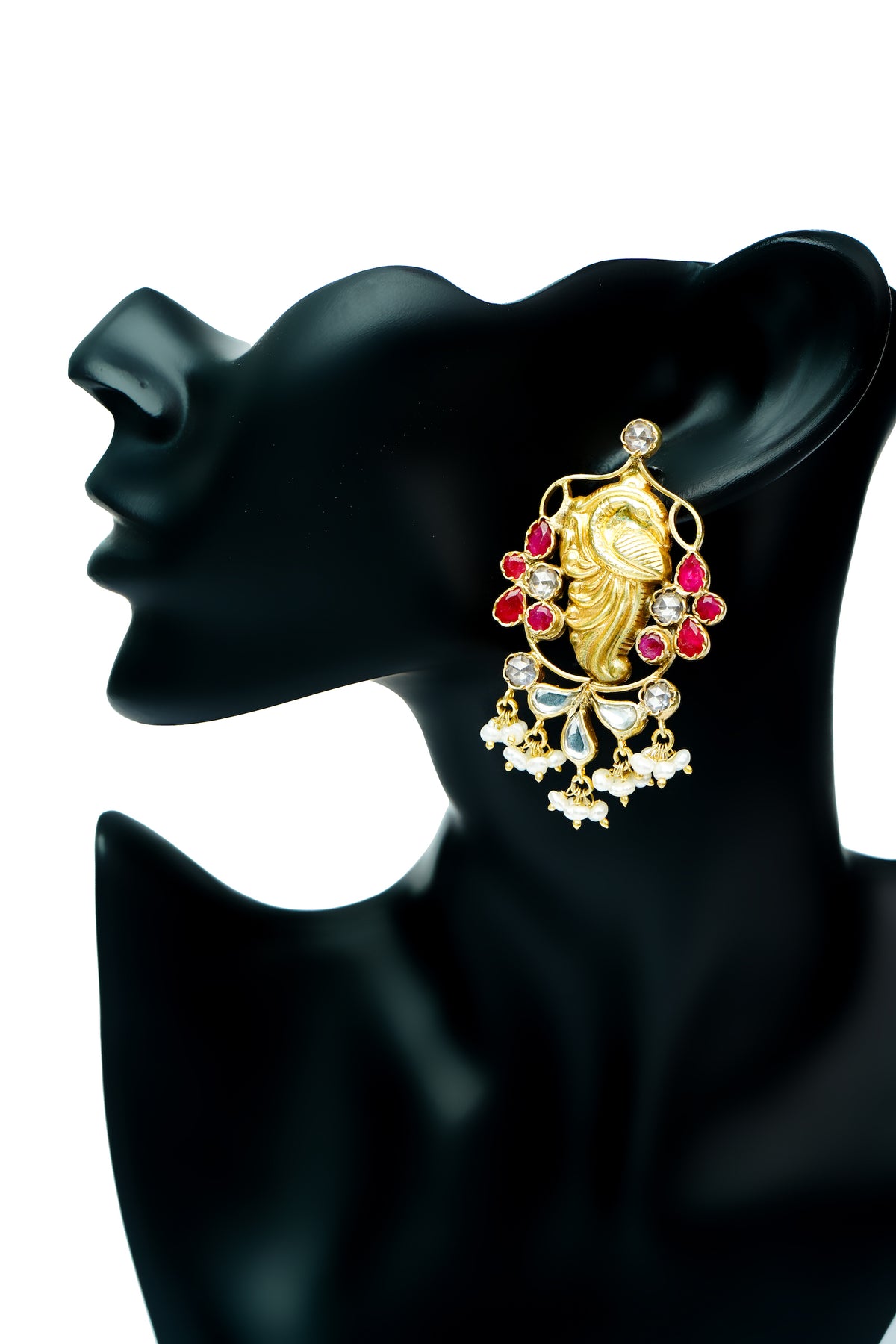 Silver Gold Plated Peacock Earrings with Kundan and Ruby view 4