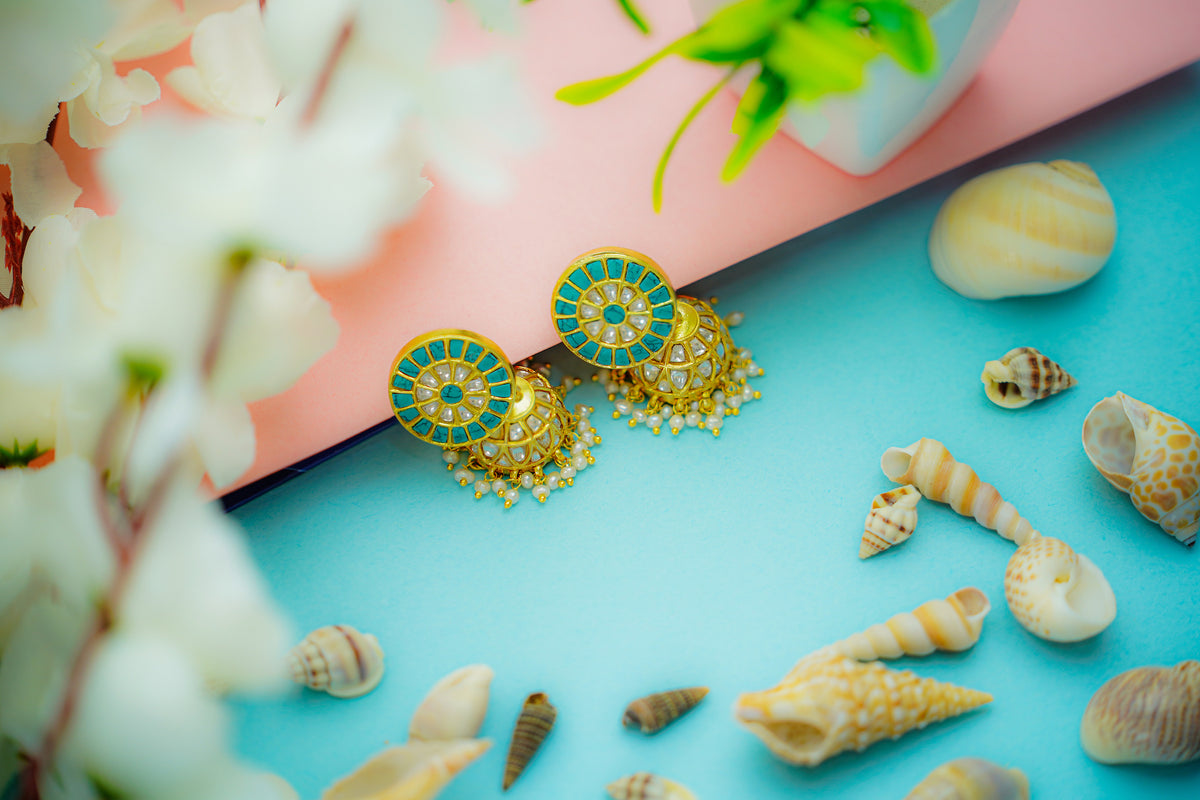 925 Silver Gold Plated Turquoise and Kundan Earrings with Kundan Jhumki view 3