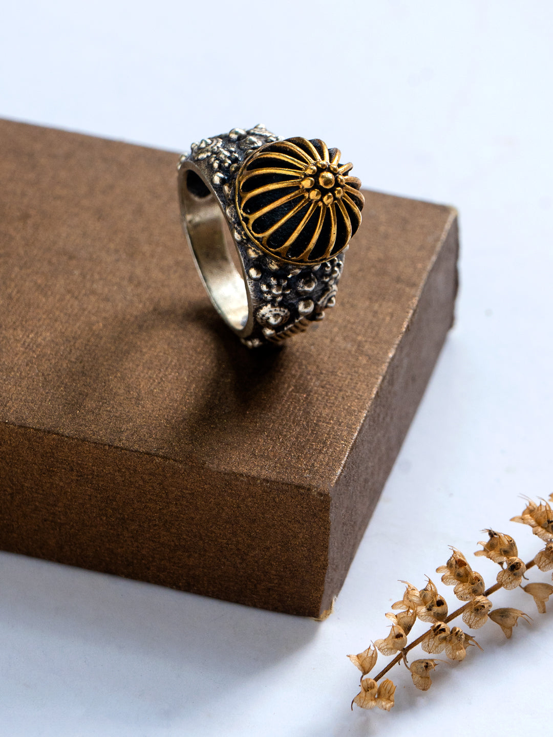 Two Toned Intricate Textured Adjustable Ring view 2