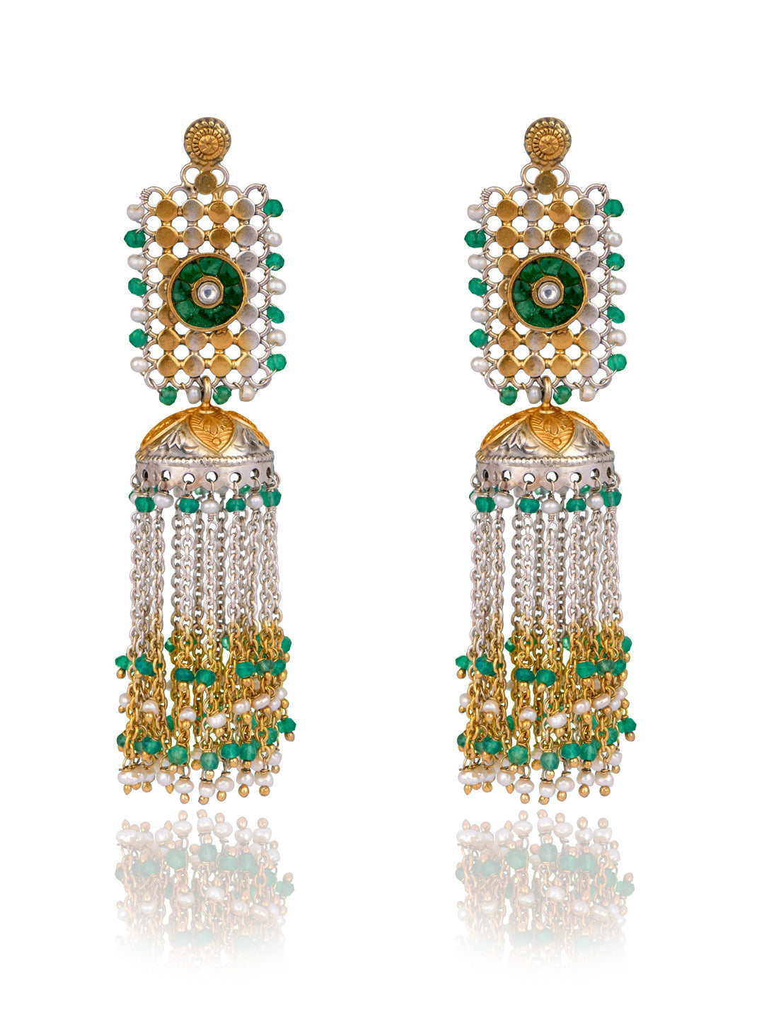 925 Sterling Silver Two Tone Jhumki with Kundan Motif view 1