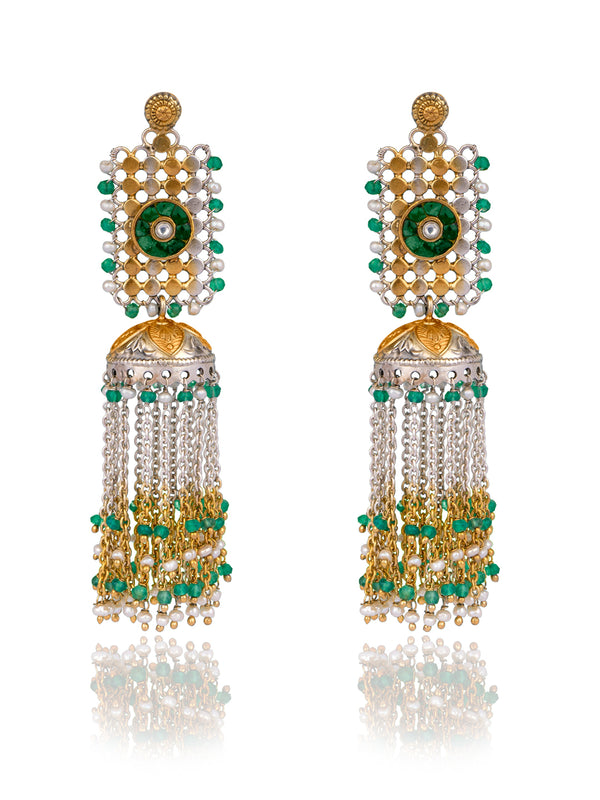 925 Sterling Silver Two Tone Jhumki with Kundan Motif