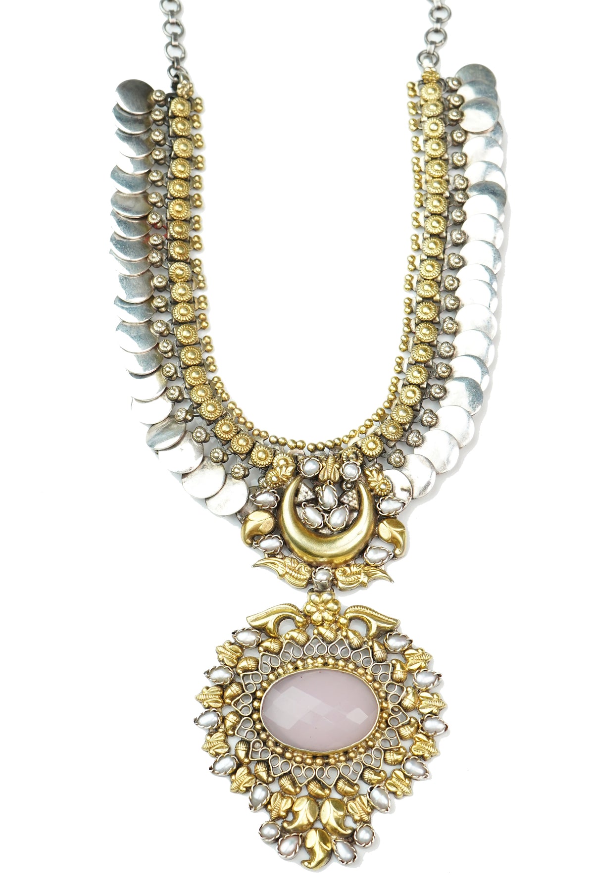 Silver Two Tone Coin Necklace with Rose Quartz view 1