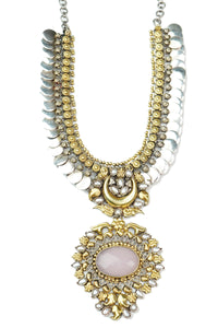 Silver Two Tone Coin Necklace with Rose Quartz view 1