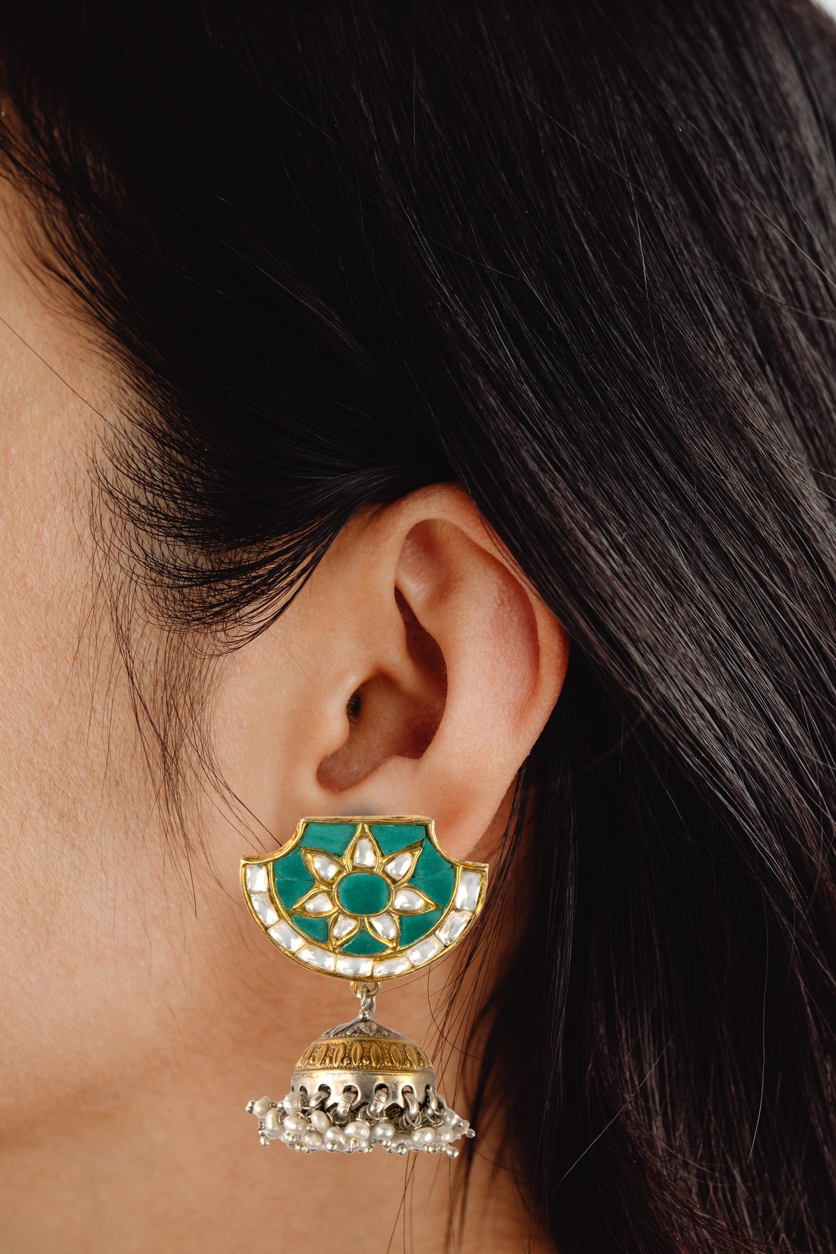 925 Sterling Silver Turquoise Chaand Kundan Jhumki view 2