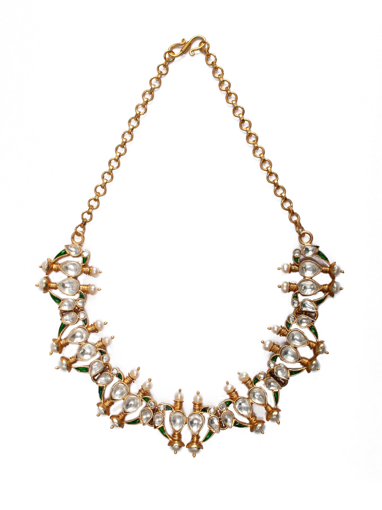 925 Sterling Silver 22K Gold Plated Parrot Necklace With White Kundan Green Kundan and Pearl
