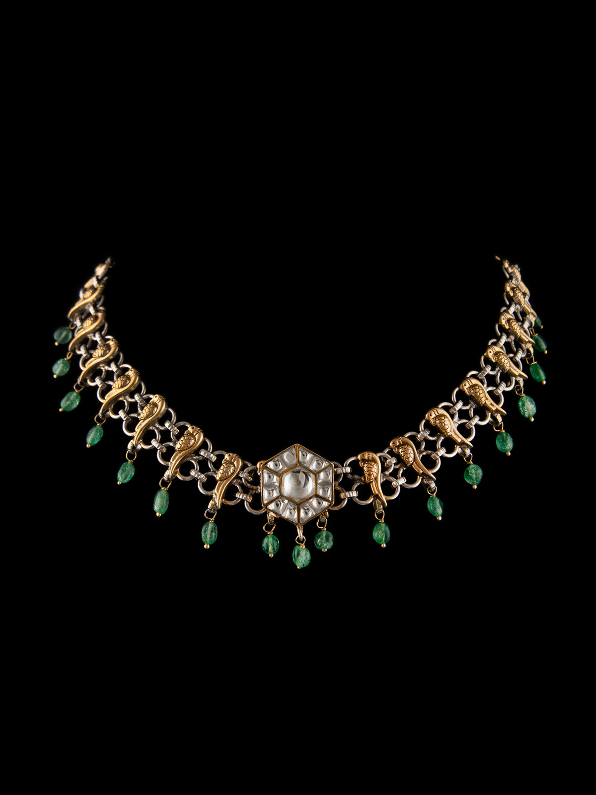 925 Sterling Silver Two Tone 22K Gold Plated Necklace With Strawberry Quartz and White Kundan view 7