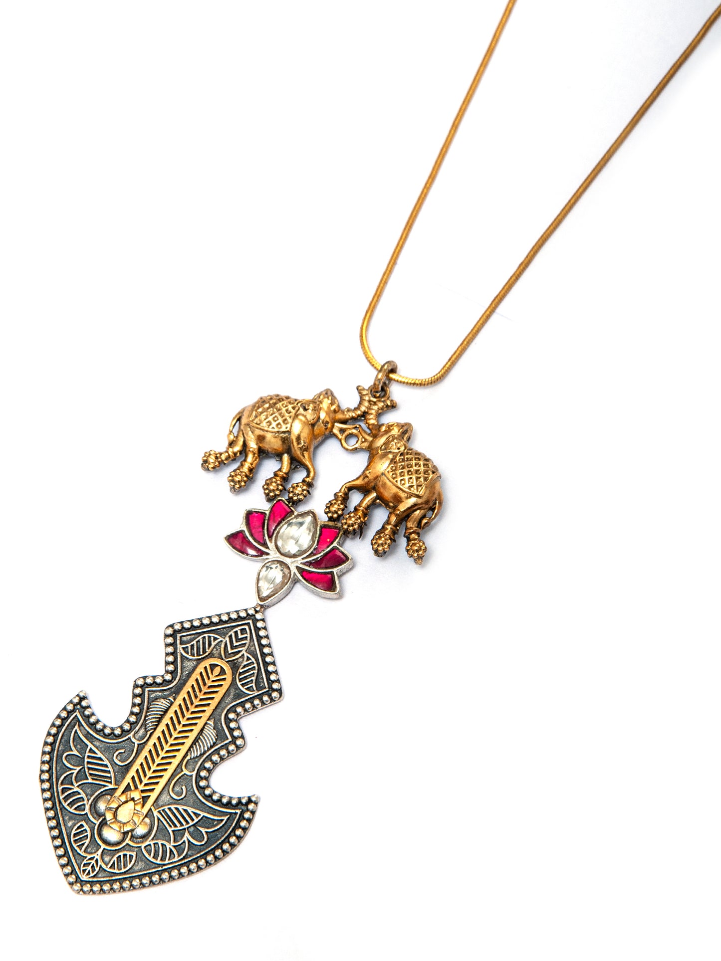 925 Sterling Silver Fusion Designer Elephant and Lotus Necklace