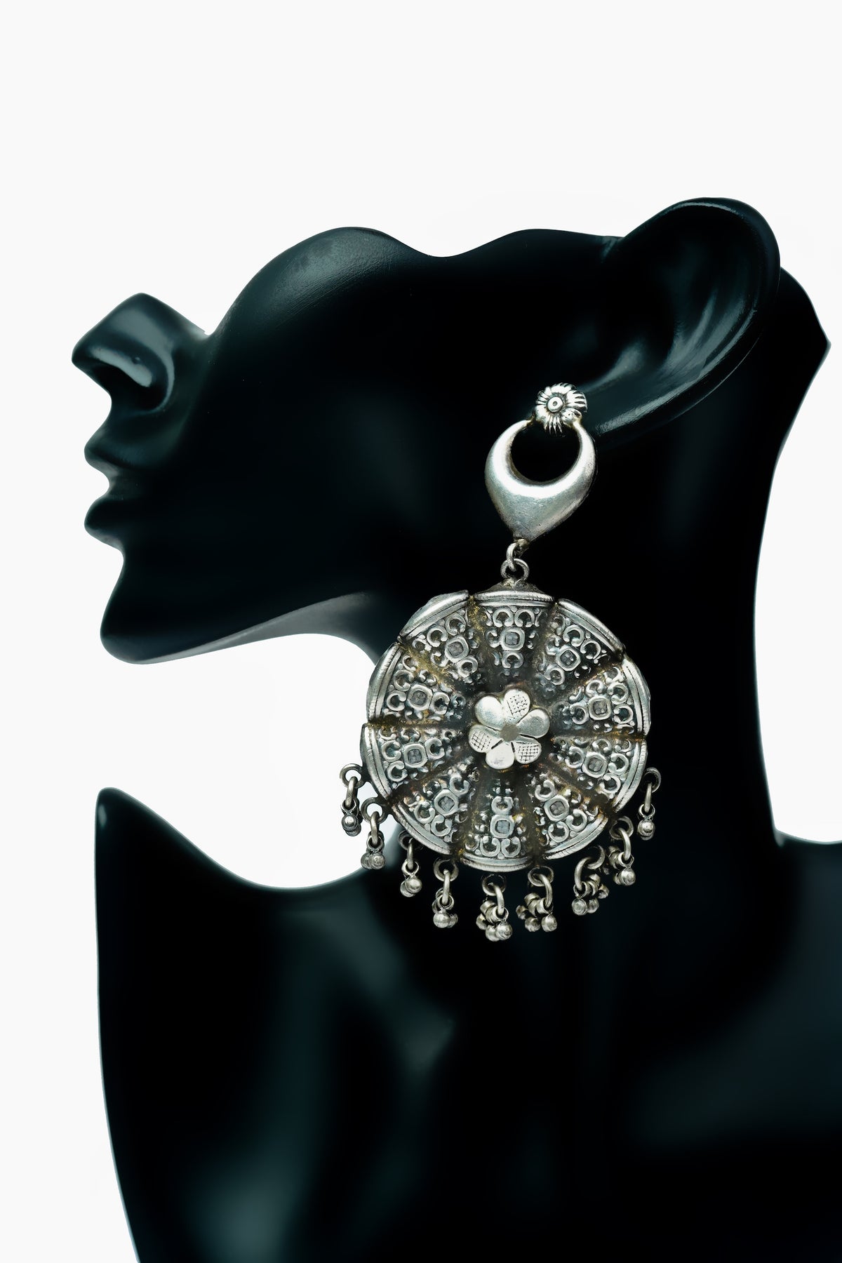 Silver Floral Rawa Earrings with Ghungroos view 4