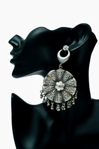 Silver Floral Rawa Earrings with Ghungroos view 4
