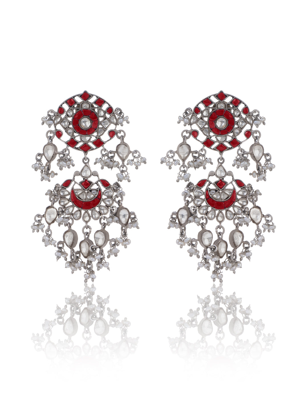 Multicolored Red and White Kundan Drop Earrings with Freshwater Pearl view 1