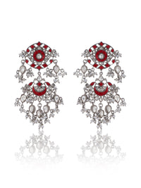 Multicolored Red and White Kundan Drop Earrings with Freshwater Pearl view 1