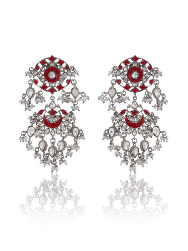 Multicolored Red and White Kundan Drop Earrings with Freshwater Pearl