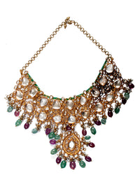 925 Sterling Silver 22K Gold Plated White Kundan Necklace With Green Quartz, Ruby and Pearl view 7