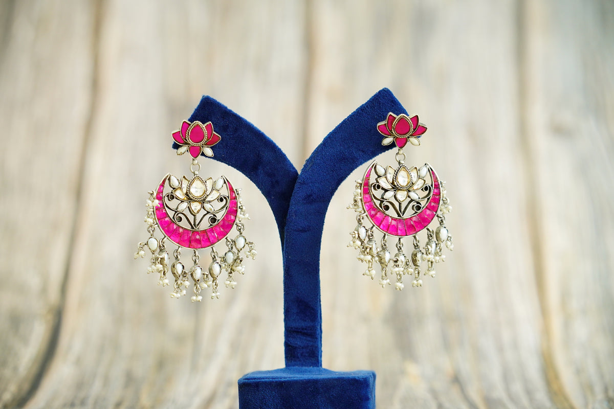 925 Silver Signature Pink Kundan Chandbalis view 4