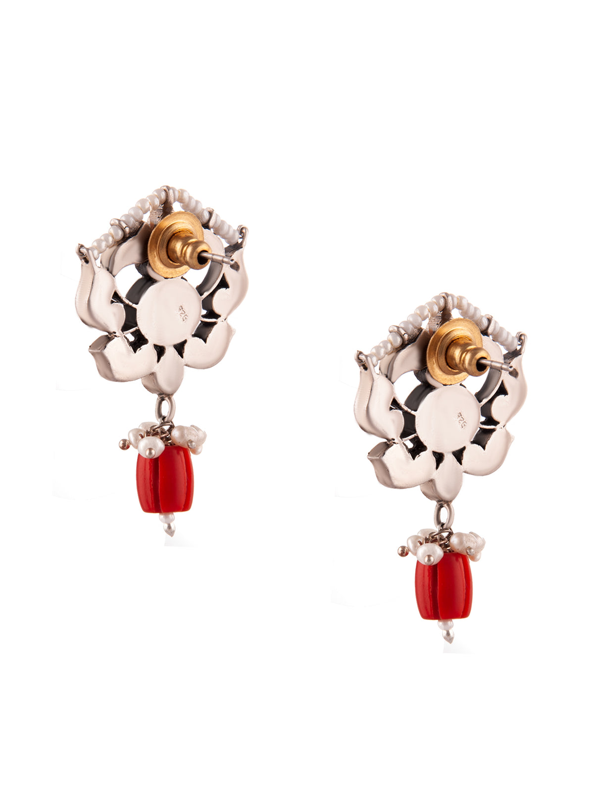 Silver Coral Kundan Earrings with Drop view 4