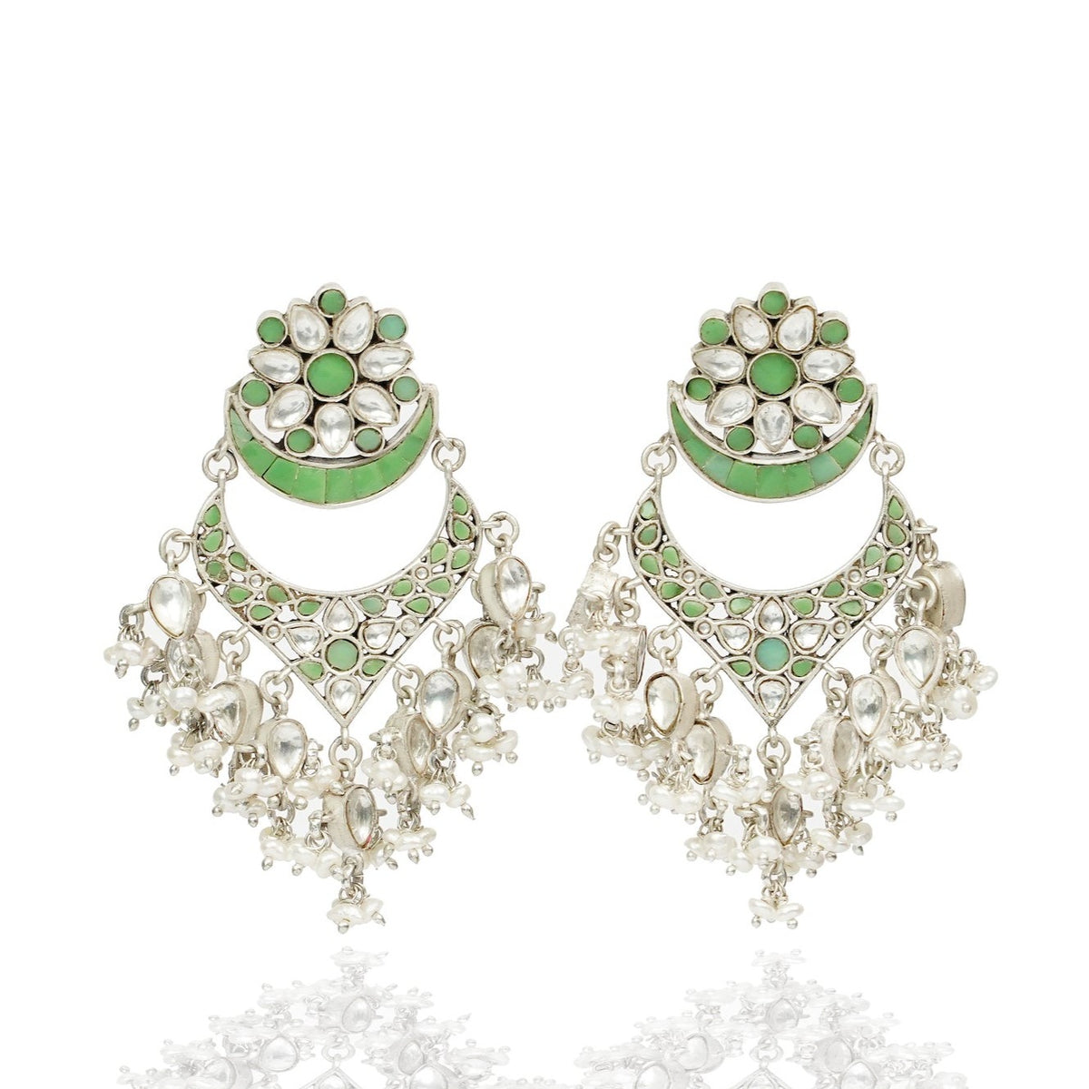 925 Silver Signature Green Kundan Chandbalis view 1