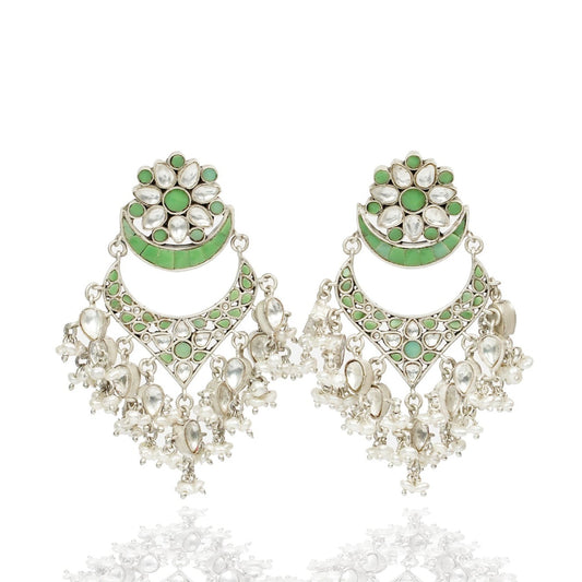 925 Silver Signature Green Kundan Chandbalis - Neeta Boochra Jewellery