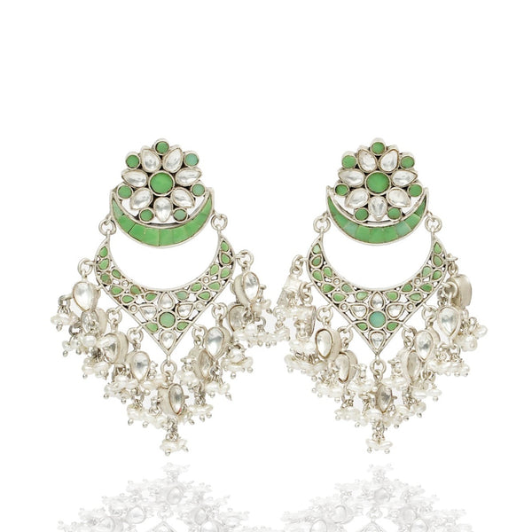 925 Silver Signature Green Kundan Chandbalis