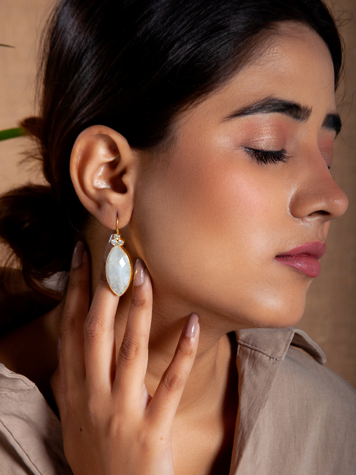 Gold Plated Rainbow Moonstone Danglers view 4